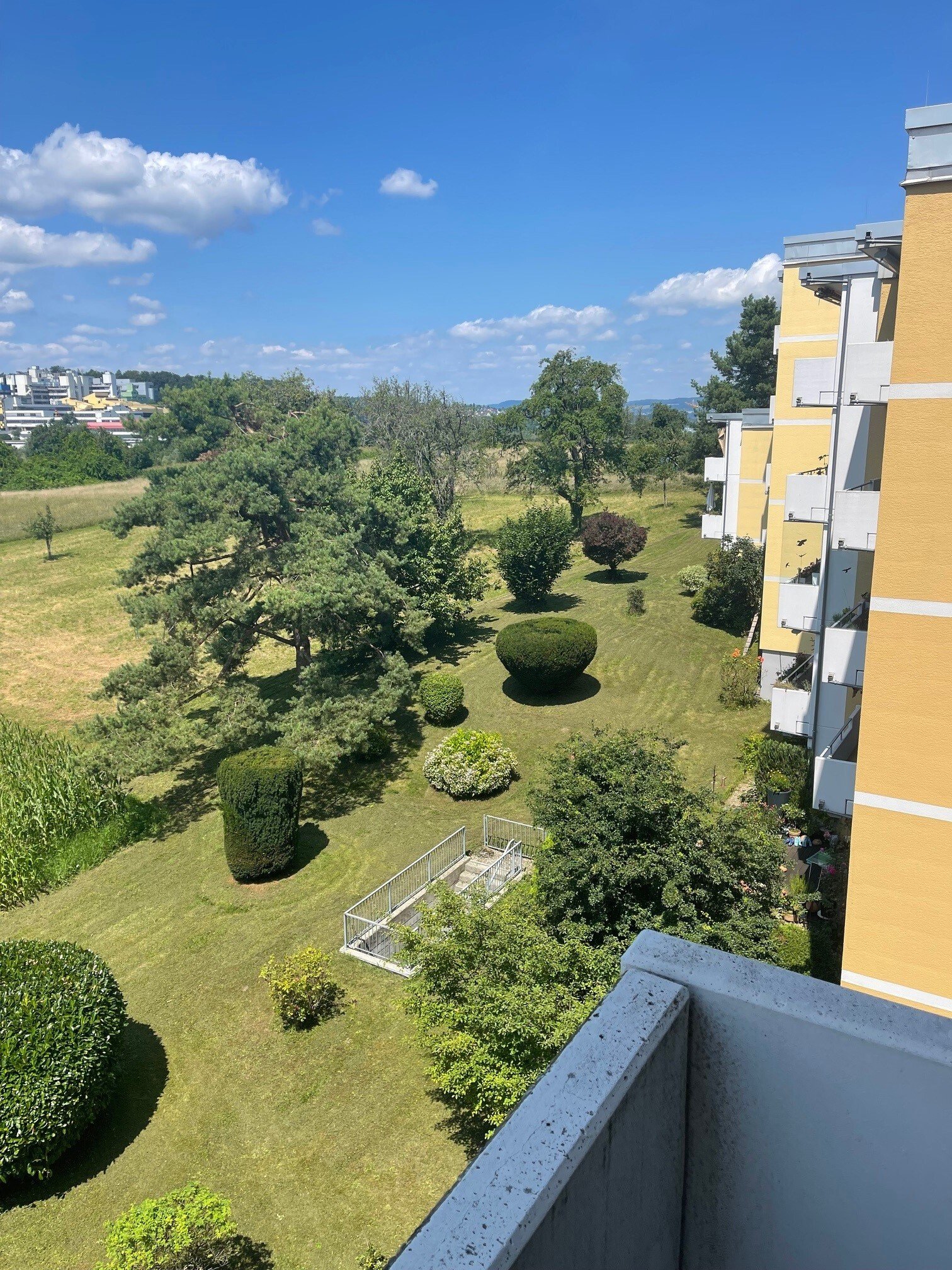 Blick vom Balkon auf die gepflegte Außenanlage